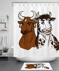 Showcase Your Love for Farm Animals with Watercolor Funny Bull Cow Farm Animals Waterproof Fabric Shower Curtain