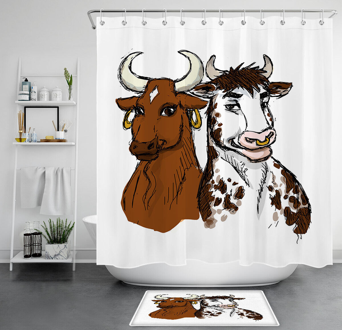 Showcase Your Love for Farm Animals with Watercolor Funny Bull Cow Farm Animals Waterproof Fabric Shower Curtain