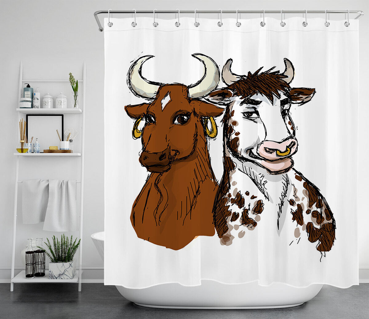 Showcase Your Love for Farm Animals with Watercolor Funny Bull Cow Farm Animals Waterproof Fabric Shower Curtain