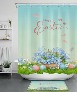 Shower Curtain Colorful With Easter Eggs & Funny Bunny - Cute Bathroom Decoration