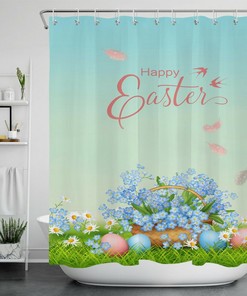 Shower Curtain Colorful With Easter Eggs & Funny Bunny - Cute Bathroom Decoration