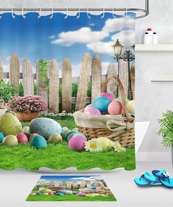 Shower Curtain Decorative With Easter Eggs & Garden Flowers - Green Grass Bathroom Decor