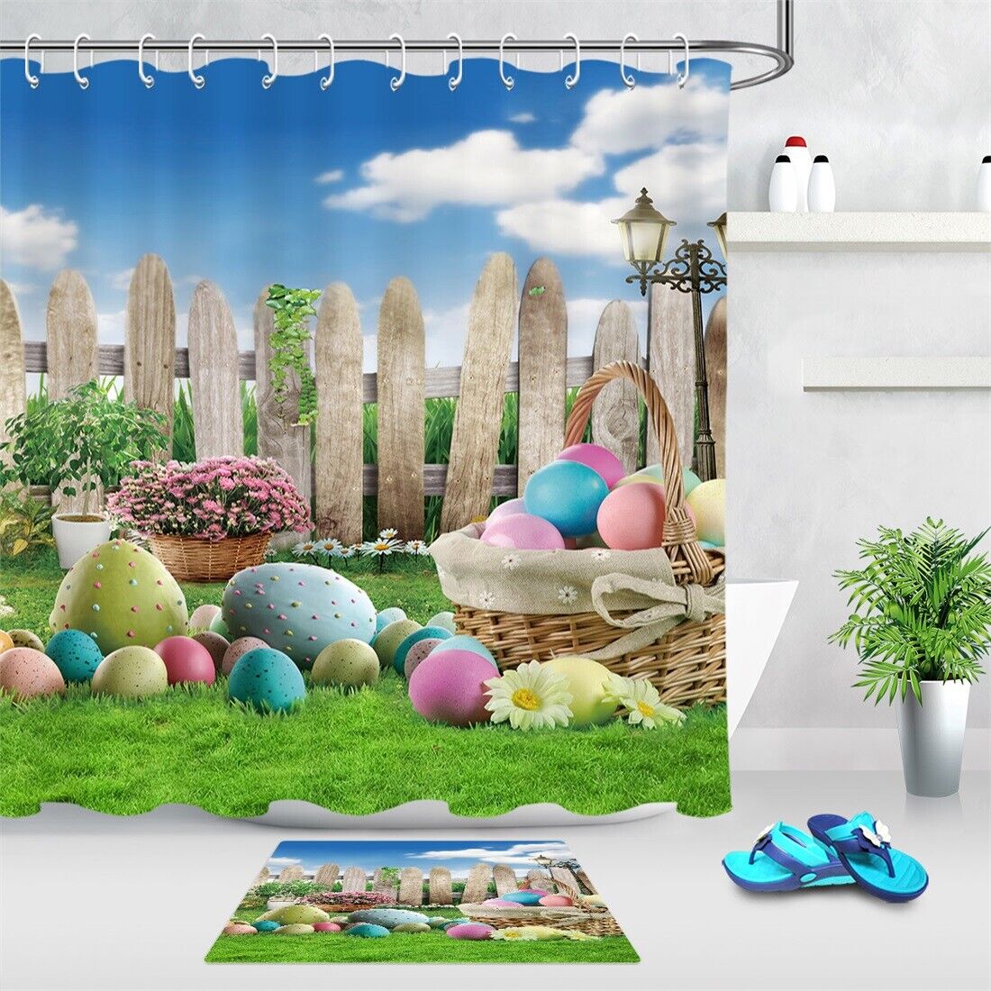 Shower Curtain Decorative With Easter Eggs & Garden Flowers - Green Grass Bathroom Decor