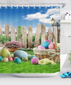 Shower Curtain Decorative With Easter Eggs & Garden Flowers - Green Grass Bathroom Decor