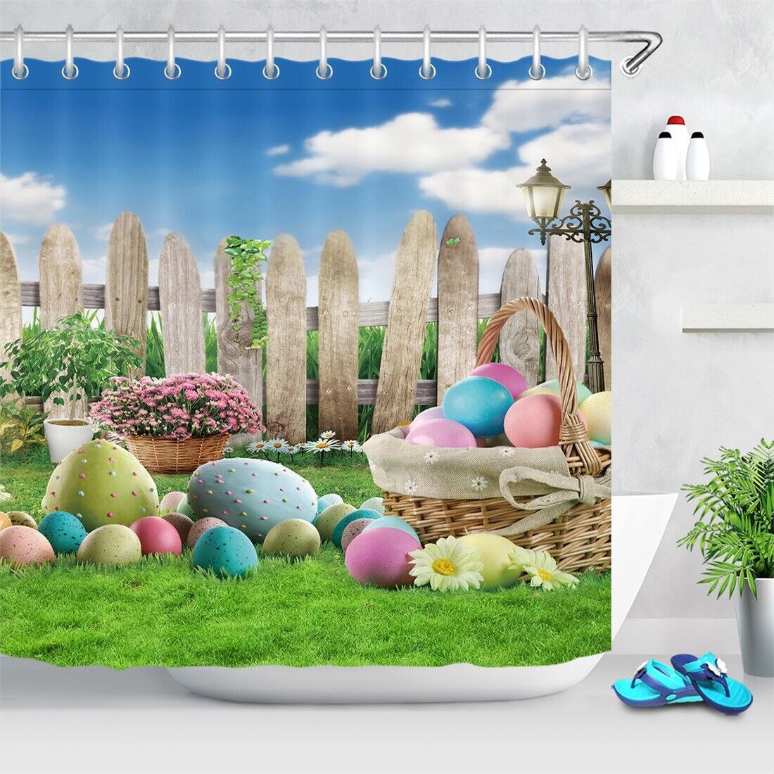 Shower Curtain Decorative With Easter Eggs & Garden Flowers - Green Grass Bathroom Decor