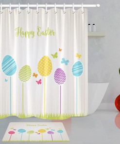 Shower Curtain Set With Easter Bunny & Eggs - Adorable Bathroom Decoration