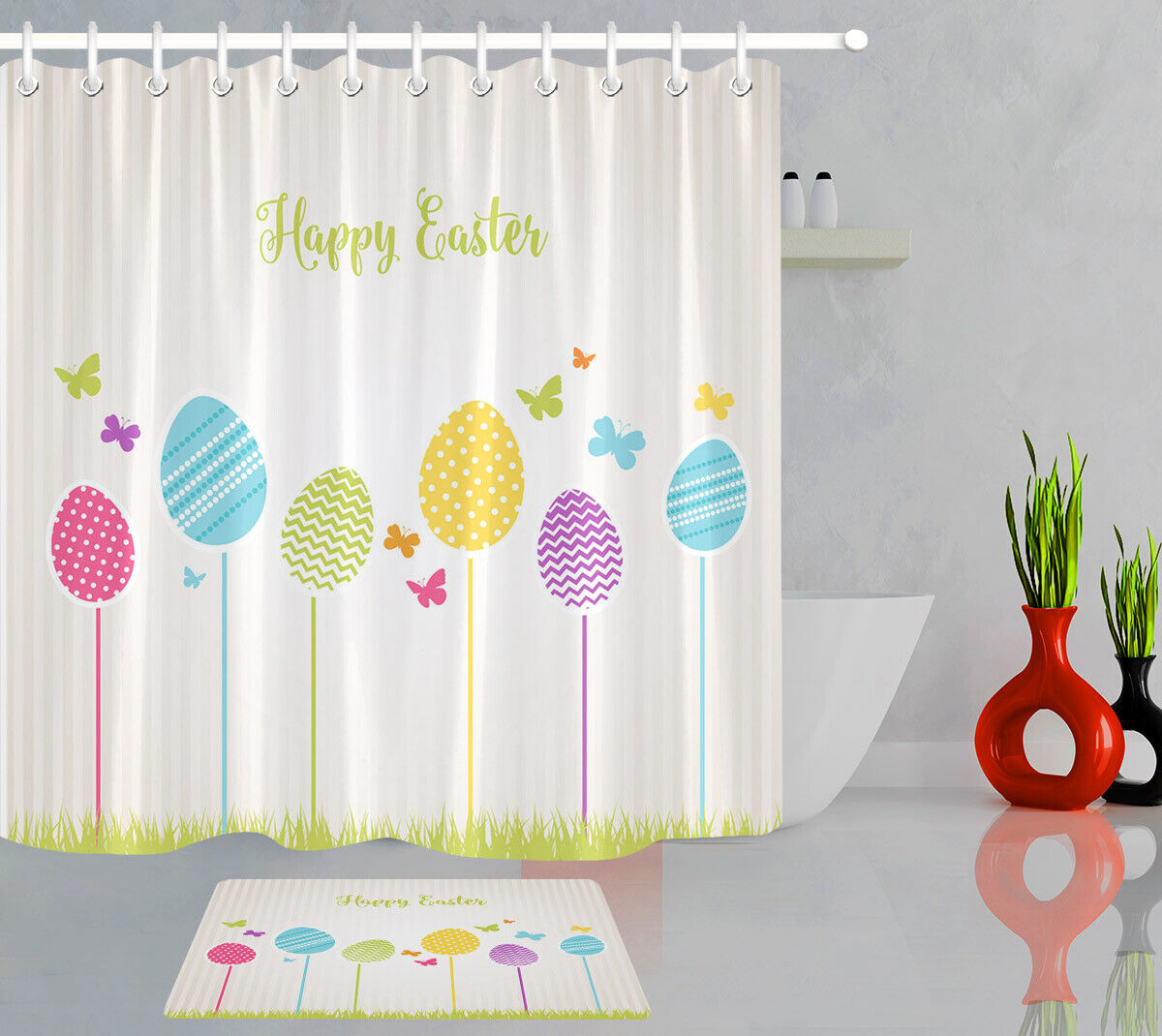 Shower Curtain Set With Easter Bunny & Eggs - Adorable Bathroom Decoration