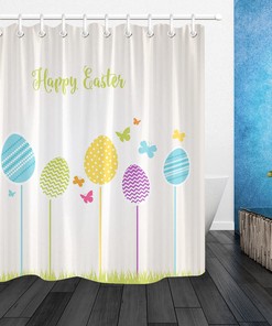 Shower Curtain Set With Easter Bunny & Eggs - Adorable Bathroom Decoration