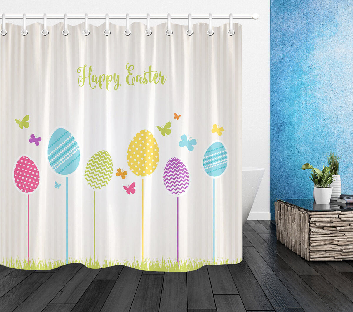 Shower Curtain Set With Easter Bunny & Eggs - Adorable Bathroom Decoration