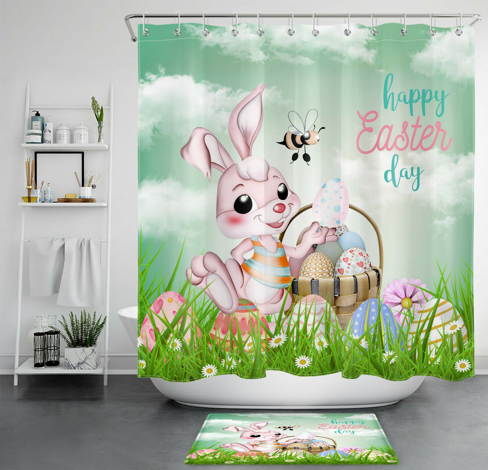 Shower Curtain Sets With Easter Eggs & Flower Tree - Fun Bunny Bathroom Decor