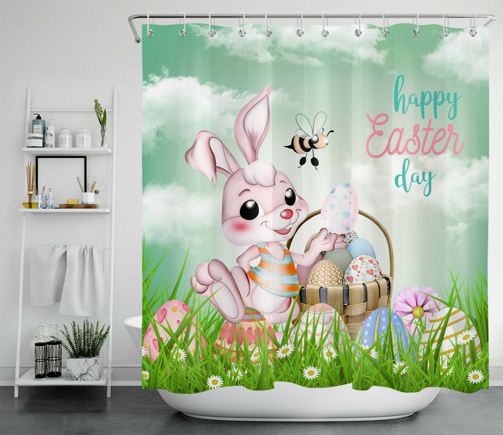 Shower Curtain Sets With Easter Eggs & Flower Tree - Fun Bunny Bathroom Decor