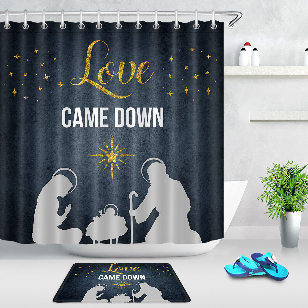 Shower Curtain With Golden Star Nativity Of Jesus For Christmas And Holiday Bathroom Decor