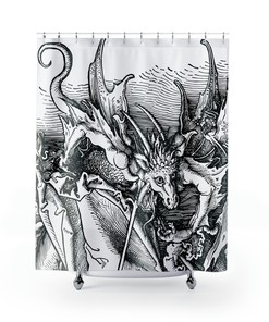 Shower Curtain With Goth Dragon Demon Head For Edgy Bathroom