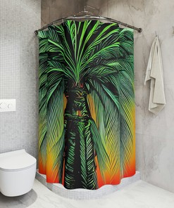 Shower Curtain with Neon Palm Trees Geometric Design and Lavender Botanical Print 