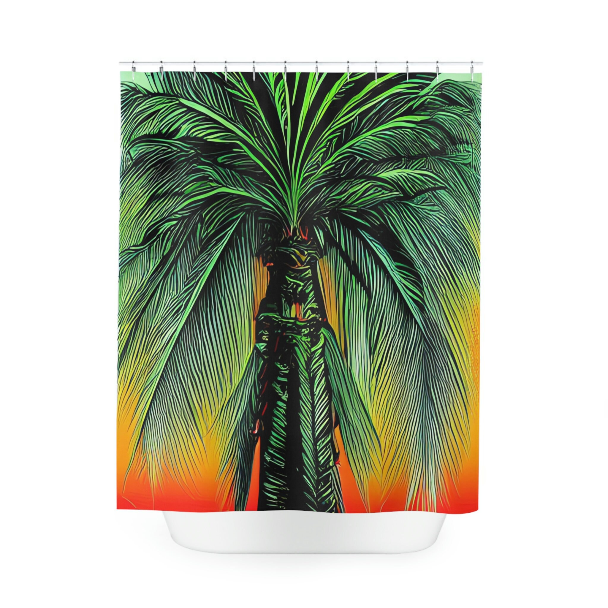 Shower Curtain with Neon Palm Trees Geometric Design and Lavender Botanical Print