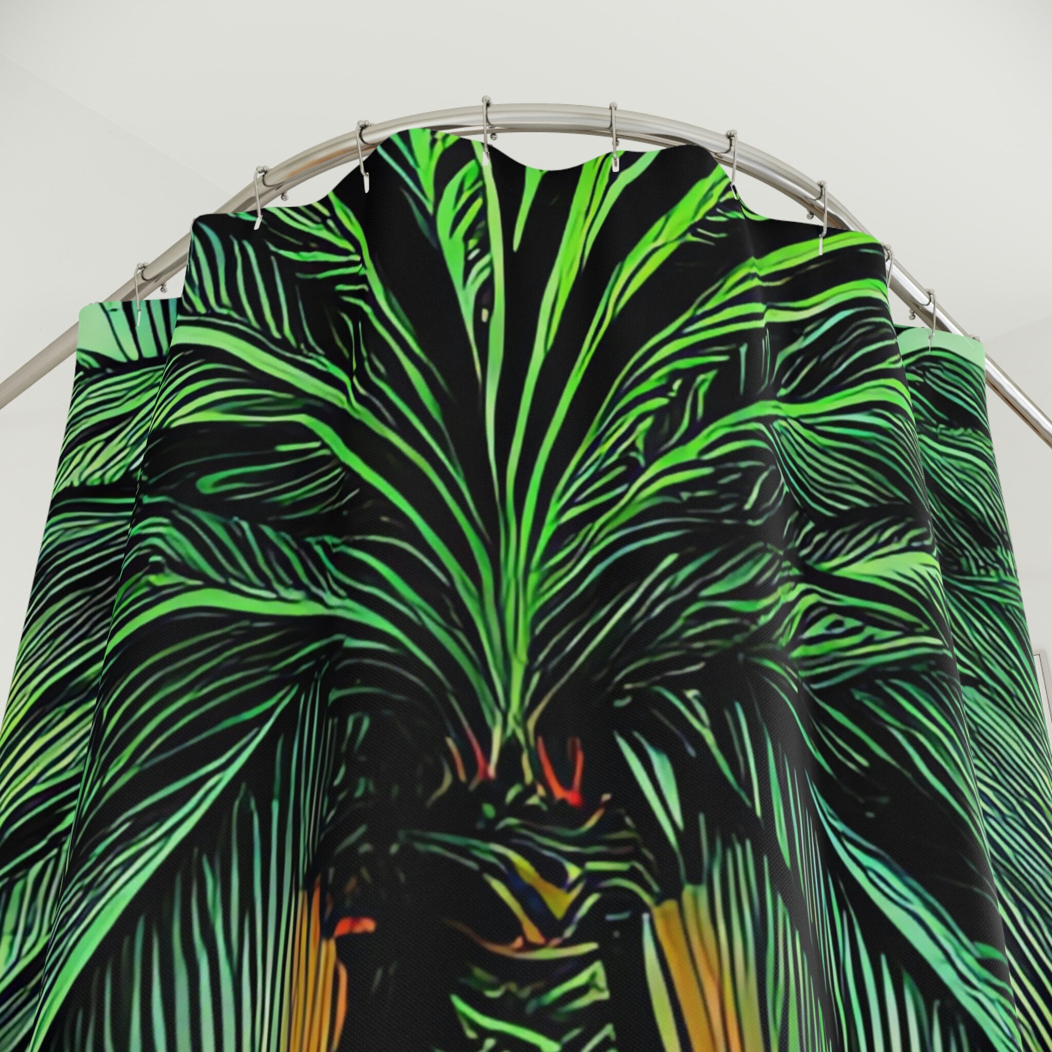 Shower Curtain with Neon Palm Trees Geometric Design and Lavender Botanical Print