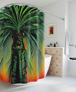 Shower Curtain with Neon Palm Trees Geometric Design and Lavender Botanical Print