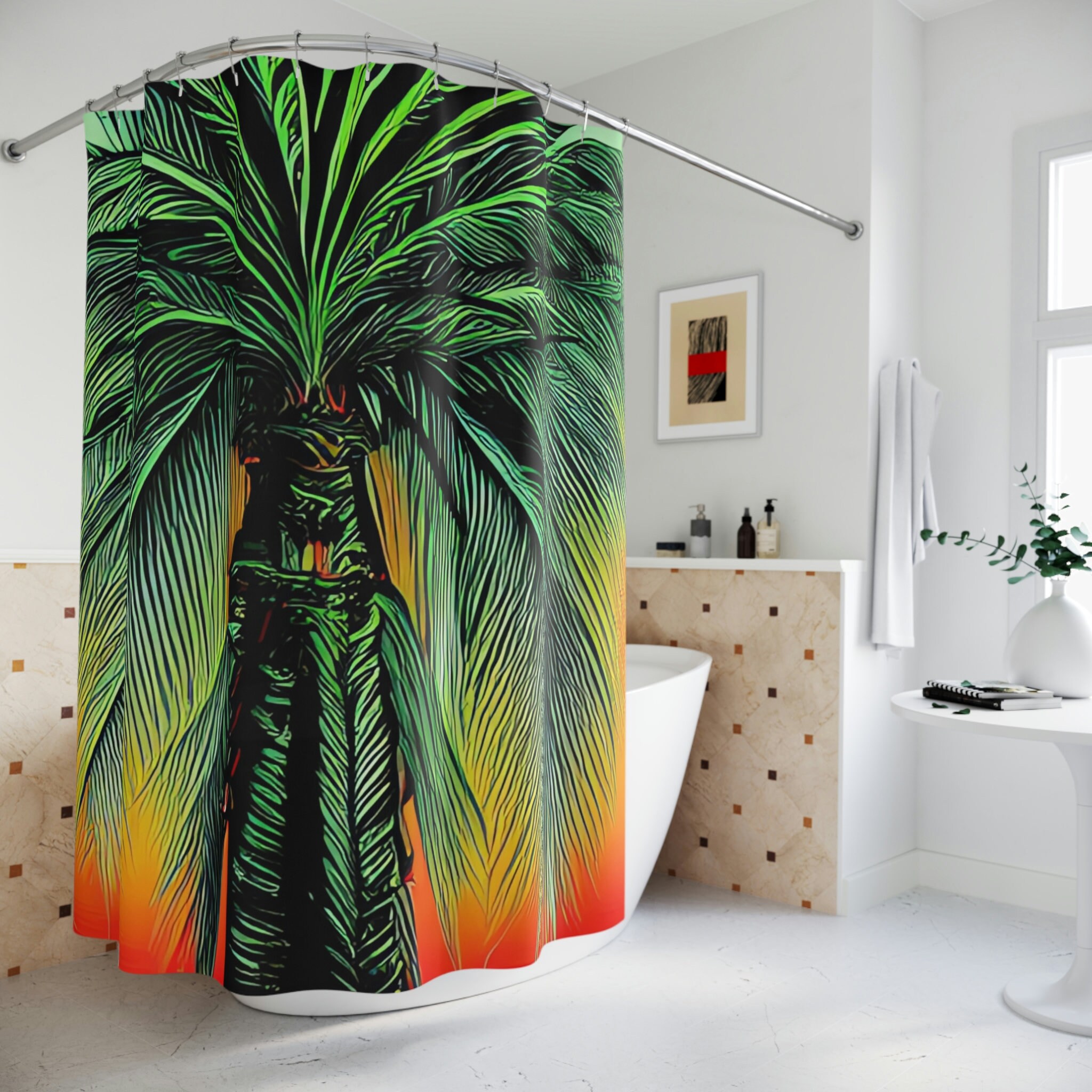 Shower Curtain with Neon Palm Trees Geometric Design and Lavender Botanical Print