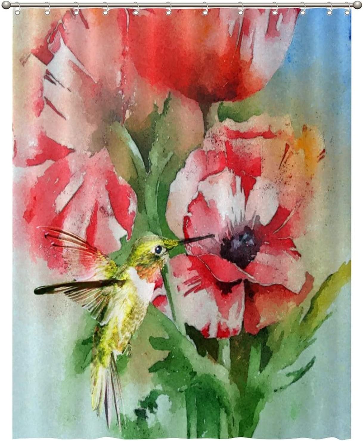 Shower Curtains Decorative: Colorful Hummingbirds and Flowers Fabric Curtain