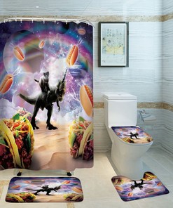Shower with Cat, Dinosaur, Planet, and Hot Dog Print for a Fun and Playful Bathroom Decor