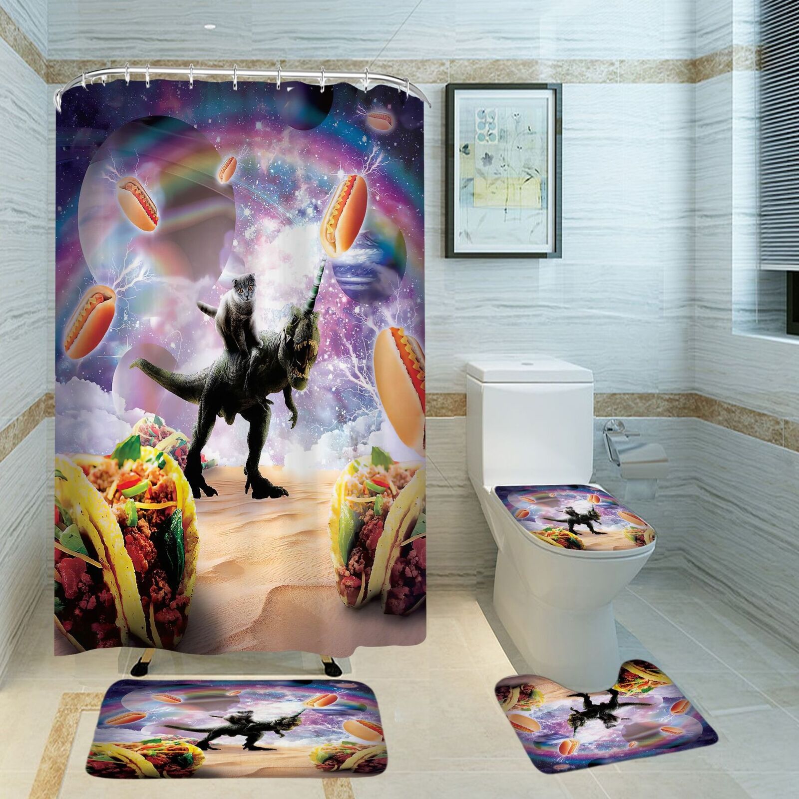 Shower with Cat, Dinosaur, Planet, and Hot Dog Print for a Fun and Playful Bathroom Decor