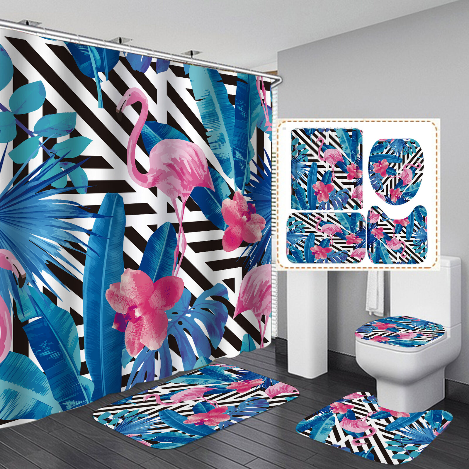 Shower with Flamingo, Leaves, and Flowers Print Curtain Lid Toilet for a Fun and Colorful Bathroom