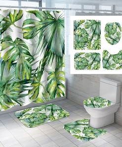 Shower with Tropical Palm Leaves Print Shower Curtain Bathroom Cover Mat New for a Fun and Colorful Bathroom