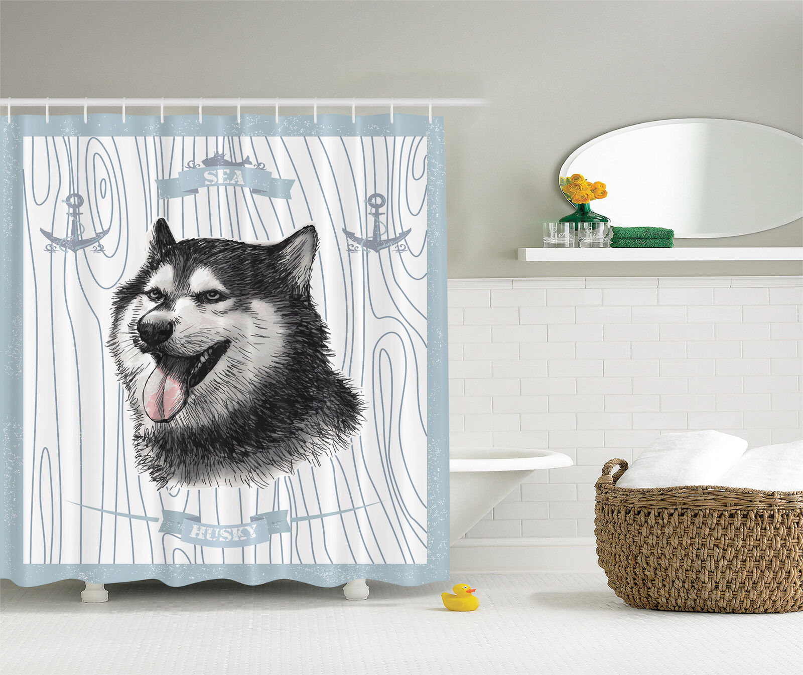 Siberian Husky Anchor Captain Print Shower Curtain for Nautical Bathroom Decor