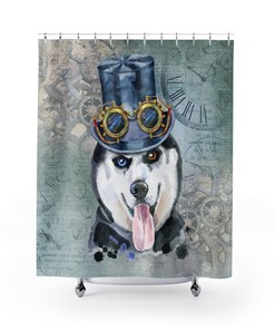 Siberian Husky Dog Breed Shower Curtain - Adorable and Elegant Watercolor Steampunk Theme Design for Your Bathroom
