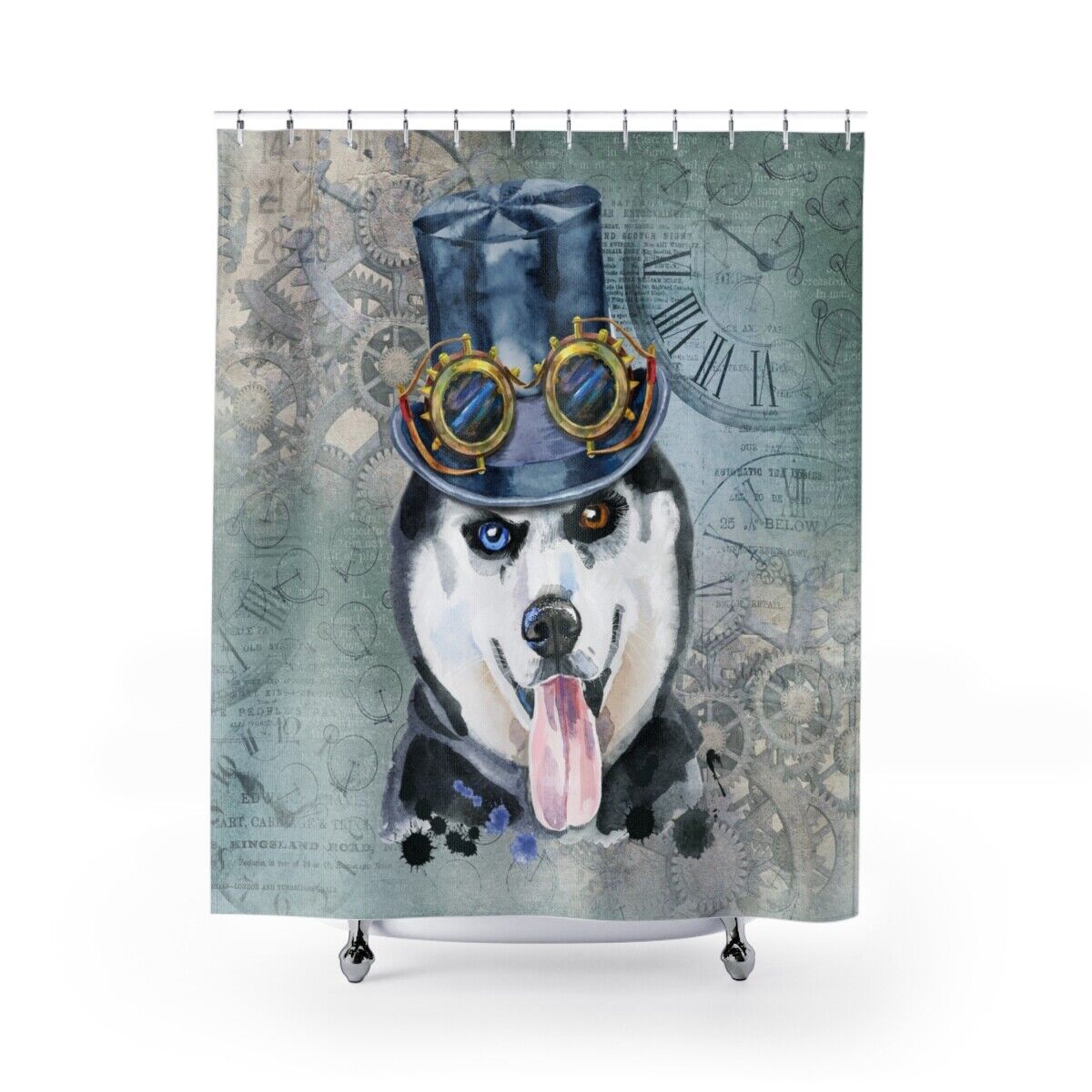 Siberian Husky Dog Breed Shower Curtain - Adorable and Elegant Watercolor Steampunk Theme Design for Your Bathroom