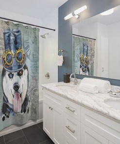 Siberian Husky Dog Breed Shower Curtain - Adorable and Elegant Watercolor Steampunk Theme Design for Your Bathroom