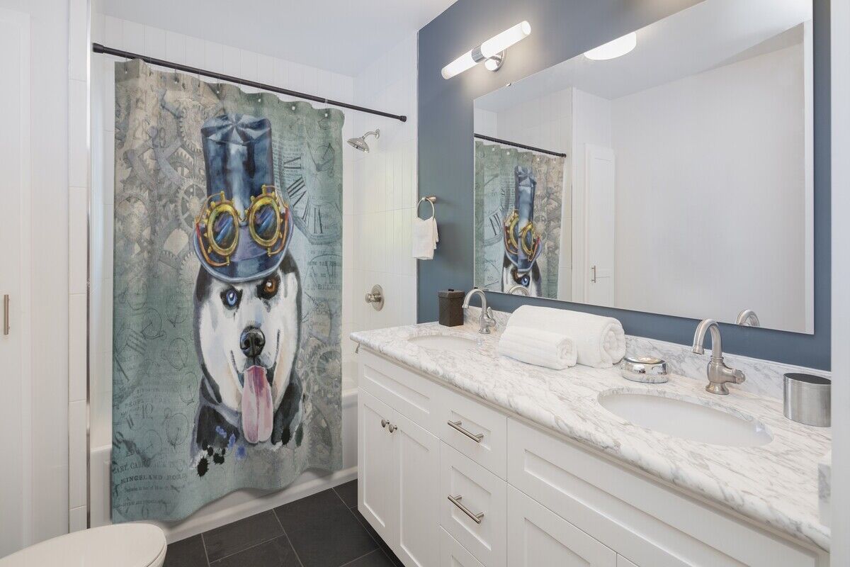 Siberian Husky Dog Breed Shower Curtain - Adorable and Elegant Watercolor Steampunk Theme Design for Your Bathroom