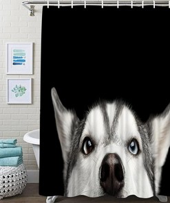 Siberian Husky Dog Print Shower Curtain on Black and White Fabric Waterproof Bath Curtains