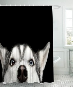 Siberian Husky Dog Print Shower Curtain on Black and White Fabric Waterproof Bath Curtains