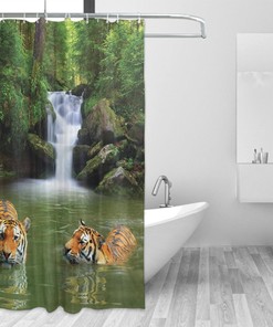 Siberian Tigers in Waterfall for a Natural and Serene Safari Shower Curtain