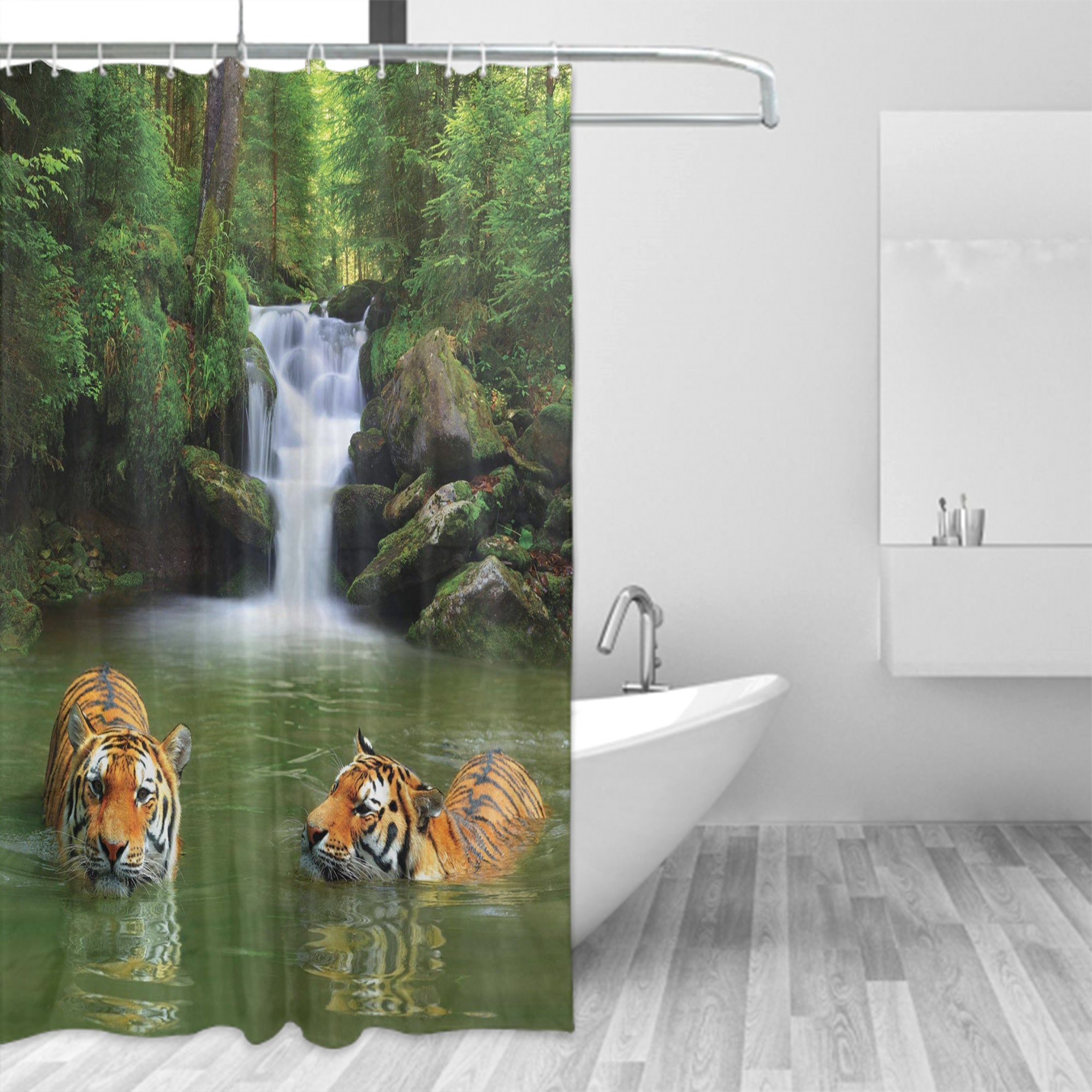 Siberian Tigers in Waterfall for a Natural and Serene Safari Shower Curtain