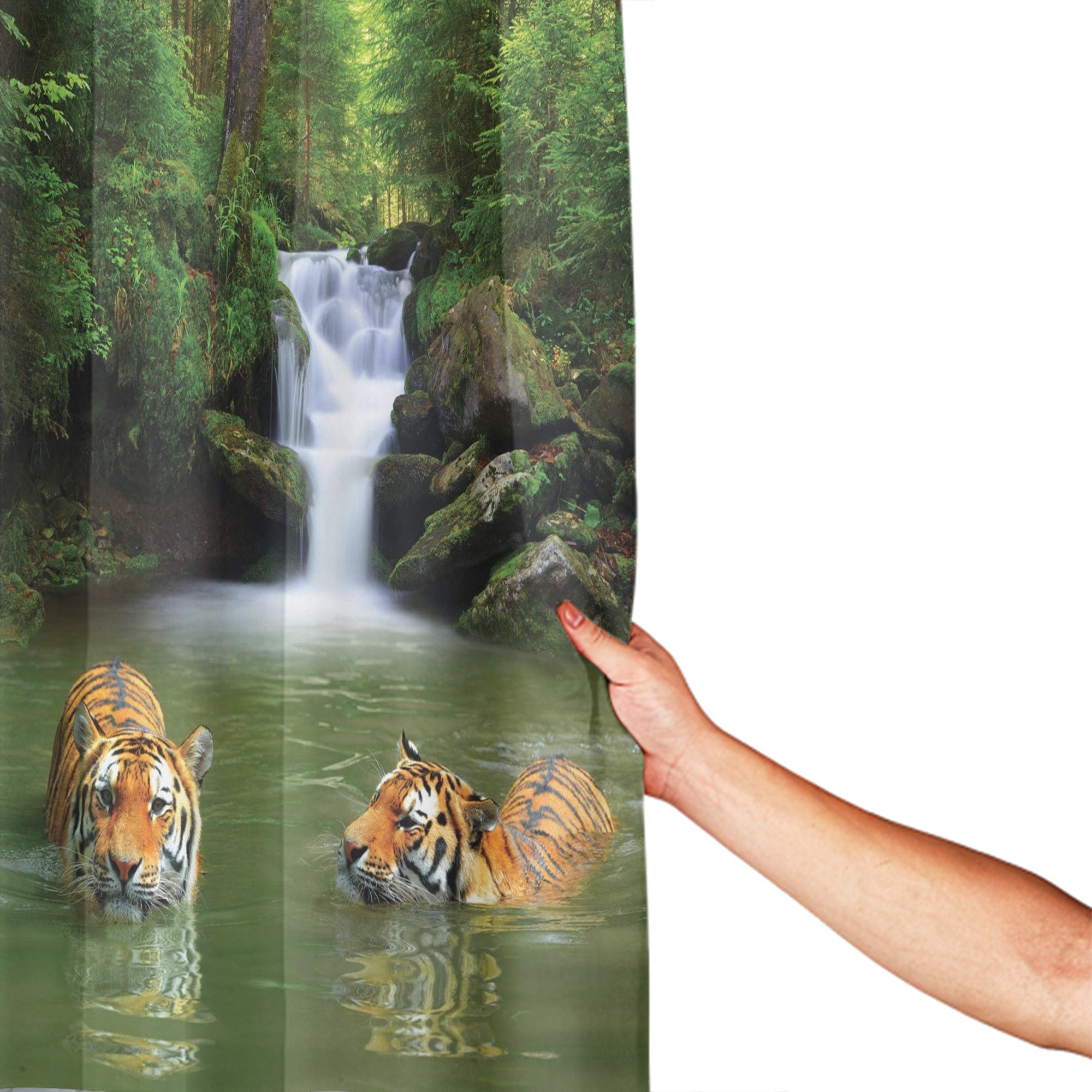 Siberian Tigers in Waterfall for a Natural and Serene Safari Shower Curtain