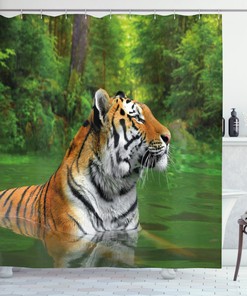 Siberian Wild Cat in Lake Tiger Shower Curtain for Rustic Bathroom Decor
