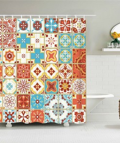 Sicilian Blue Mosaic Tile Shower Curtain - A Unique and Gorgeous Bathroom Decor with Portuguese Azulejo Geometric Design