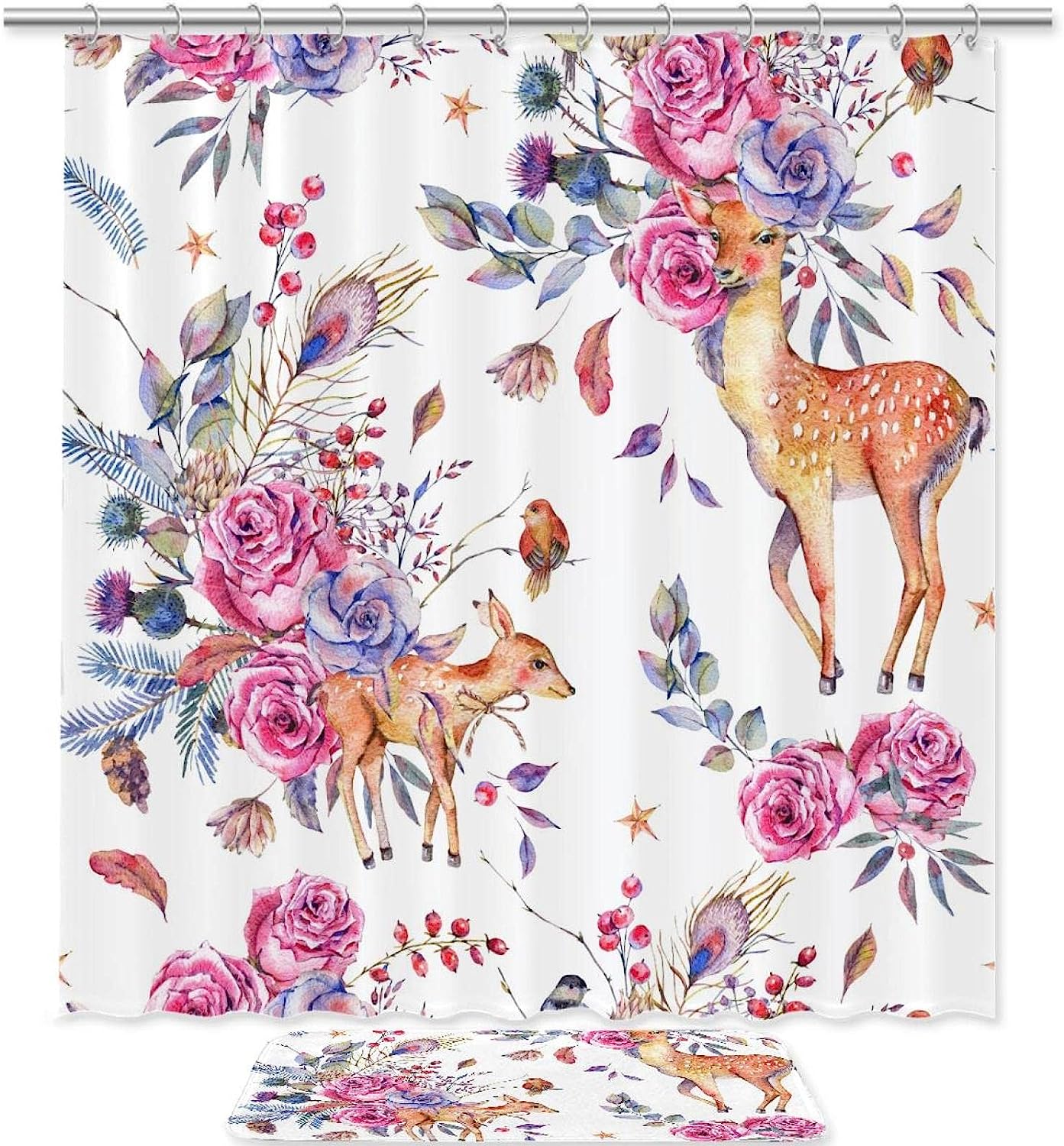Sika Deer And Rose Flower Vintage Bathroom Shower Curtains