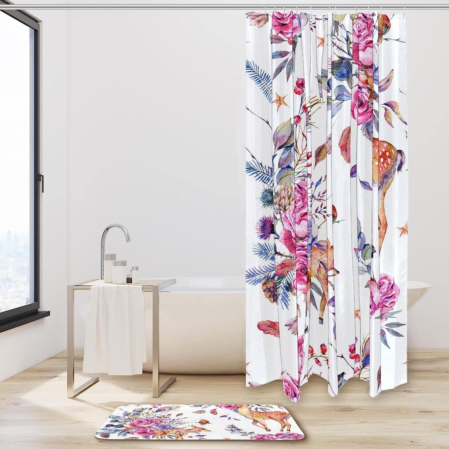 Sika Deer And Rose Flower Vintage Bathroom Shower Curtains
