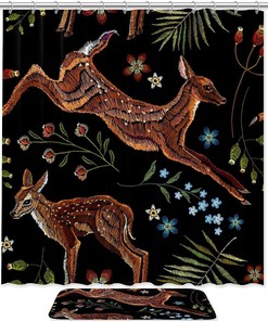 Sika Deer Embroidered Shower Curtain, Wildlife Bathroom Decor