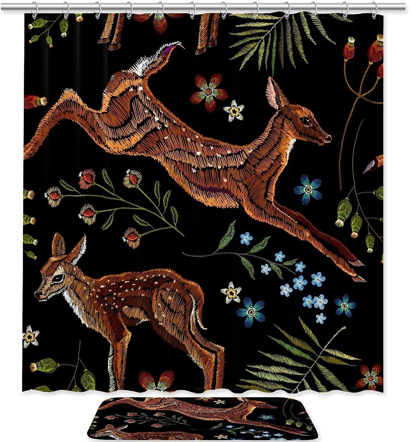 Sika Deer Embroidered Shower Curtain, Wildlife Bathroom Decor