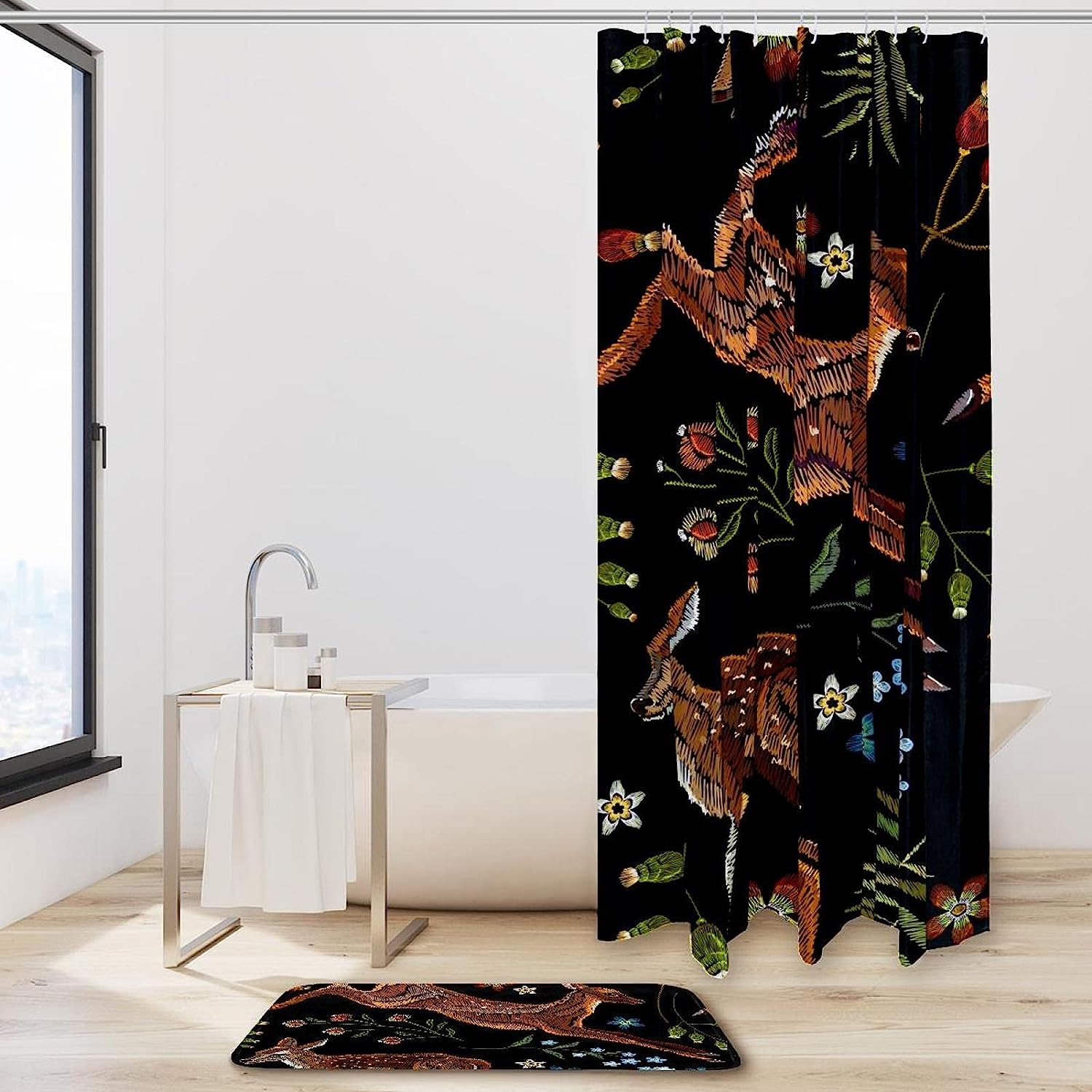 Sika Deer Embroidered Shower Curtain, Wildlife Bathroom Decor