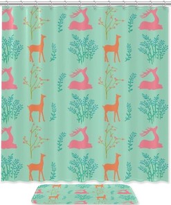 Sika Deer Silhouette Forest Print Shower Curtain For Bathroom Tub Set