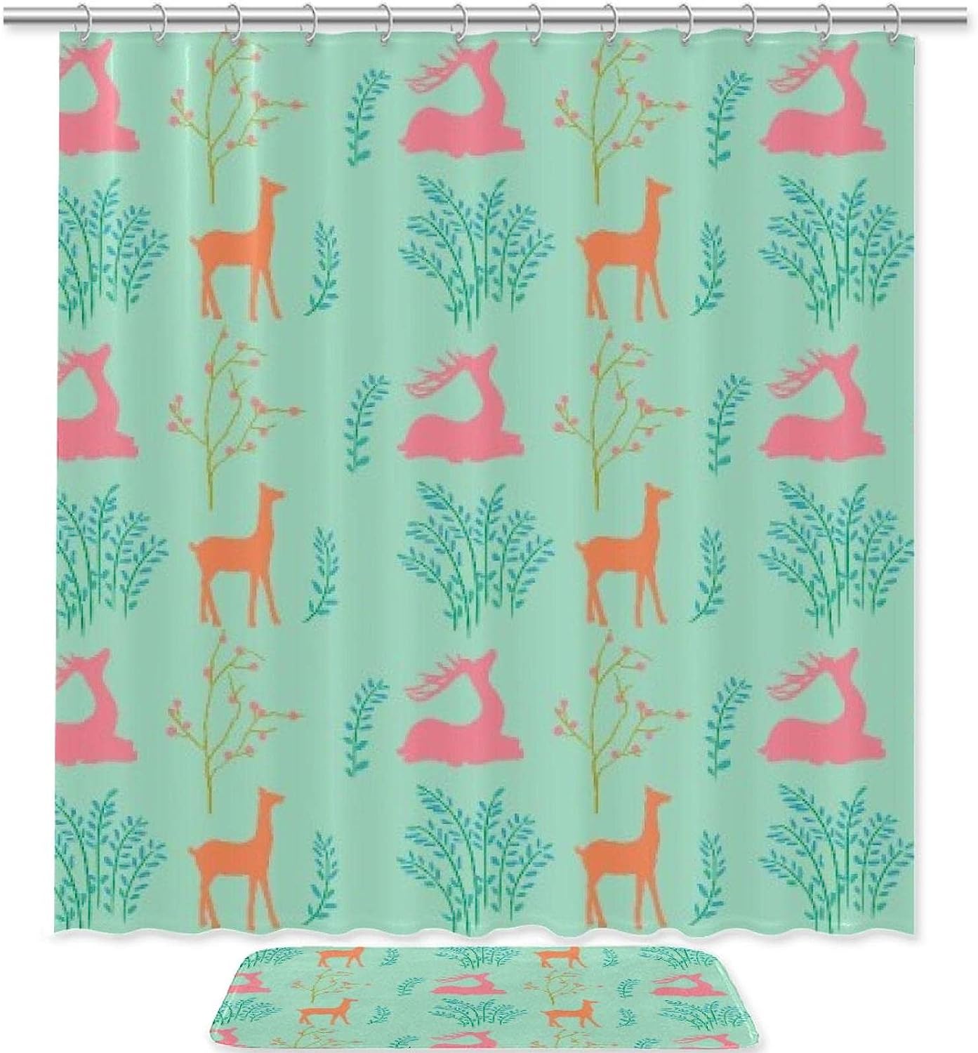 Sika Deer Silhouette Forest Print Shower Curtain For Bathroom Tub Set