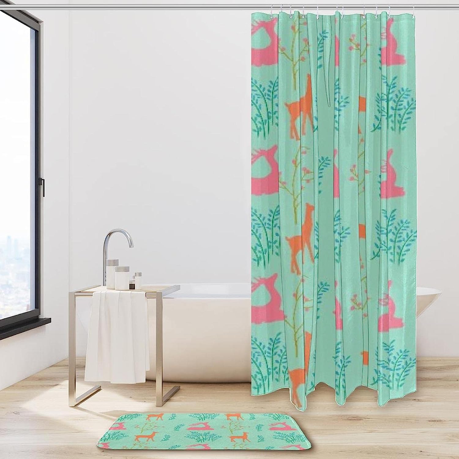 Sika Deer Silhouette Forest Print Shower Curtain For Bathroom Tub Set - Image 2