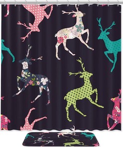 Sika Deer and Flower Pattern Print Shower Curtain - Waterproof Bathroom Decor