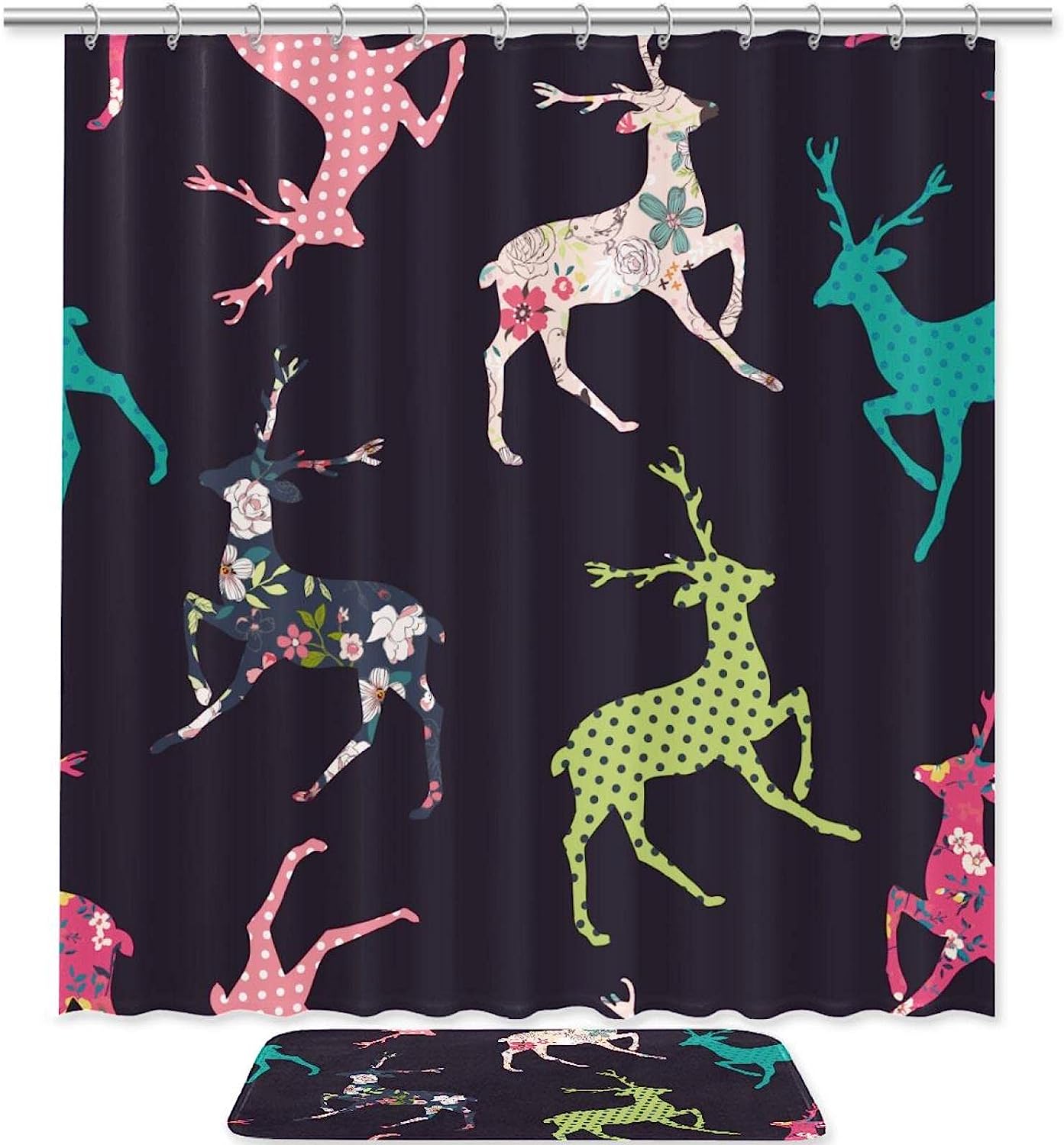Sika Deer and Flower Pattern Print Shower Curtain - Waterproof Bathroom Decor