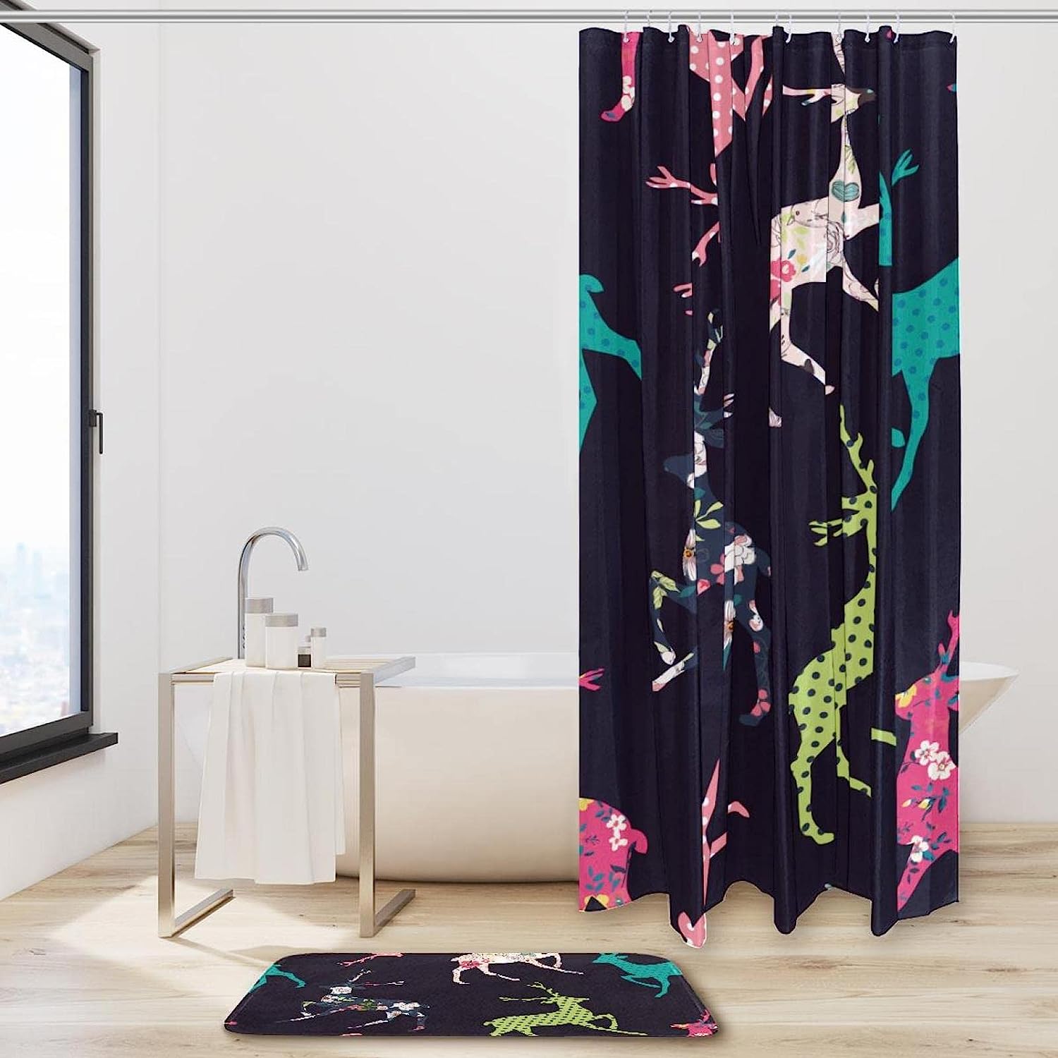 Sika Deer and Flower Pattern Print Shower Curtain - Waterproof Bathroom Decor
